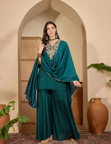 Teal Blue Vichitra Silk Embroidered A-Line Kurta with Umbrella Palazzo & Dupatta Set