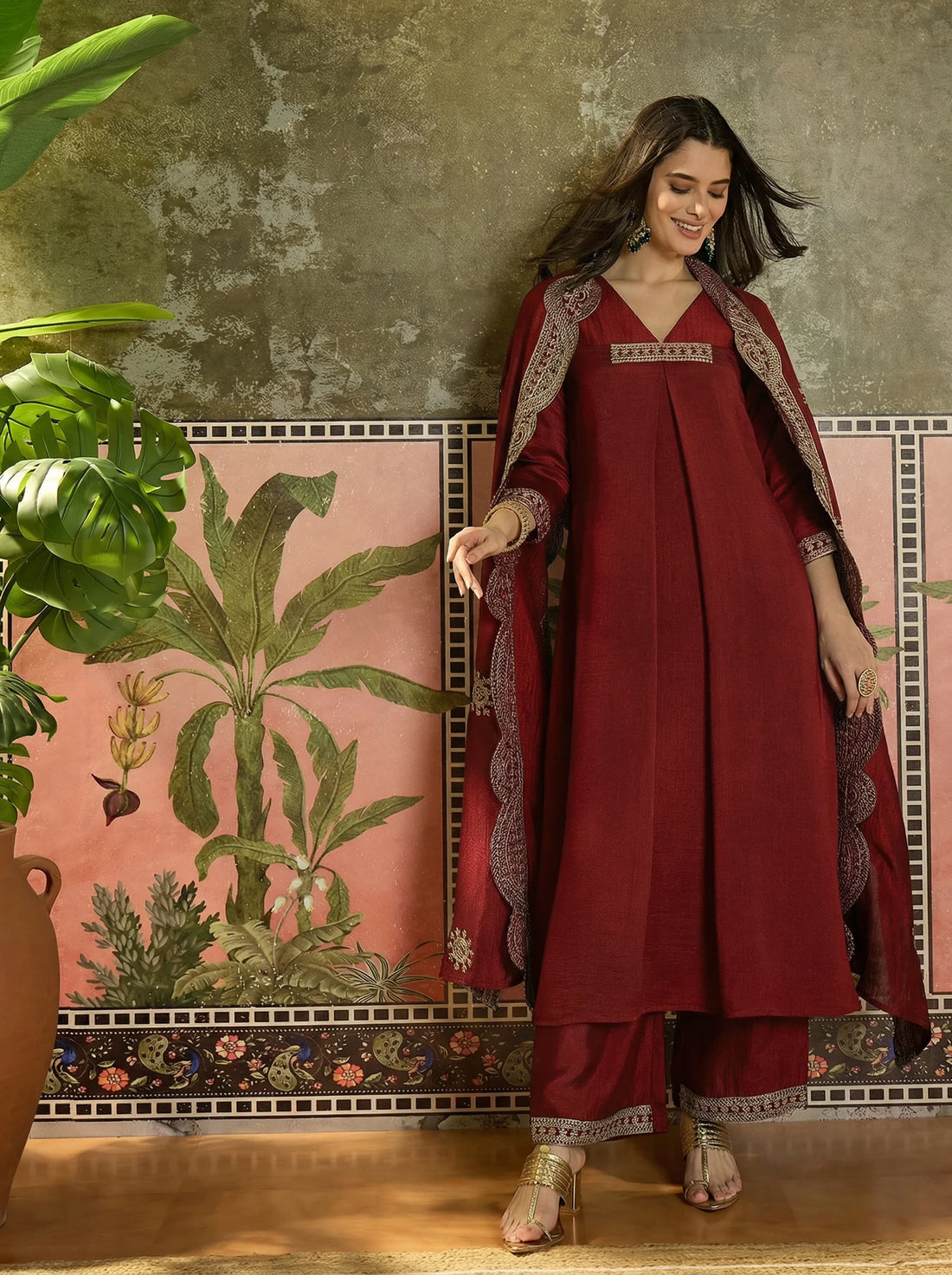 Maroon Vichitra Silk Embroidered A-line Kurta Palazzo with Dupatta Set