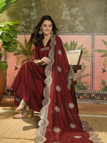 Maroon Vichitra Silk Embroidered A-line Kurta Palazzo with Dupatta Set