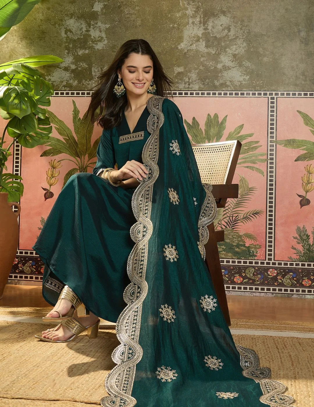 Teal Blue Vichitra Silk Embroidered A-line Kurta Palazzo with Dupatta Set