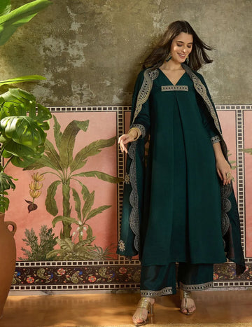 Teal Blue Vichitra Silk Embroidered A-line Kurta Palazzo with Dupatta Set