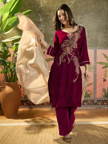 Pink Velvet Embroidered Straight kurta palazzo with Dupatta Set