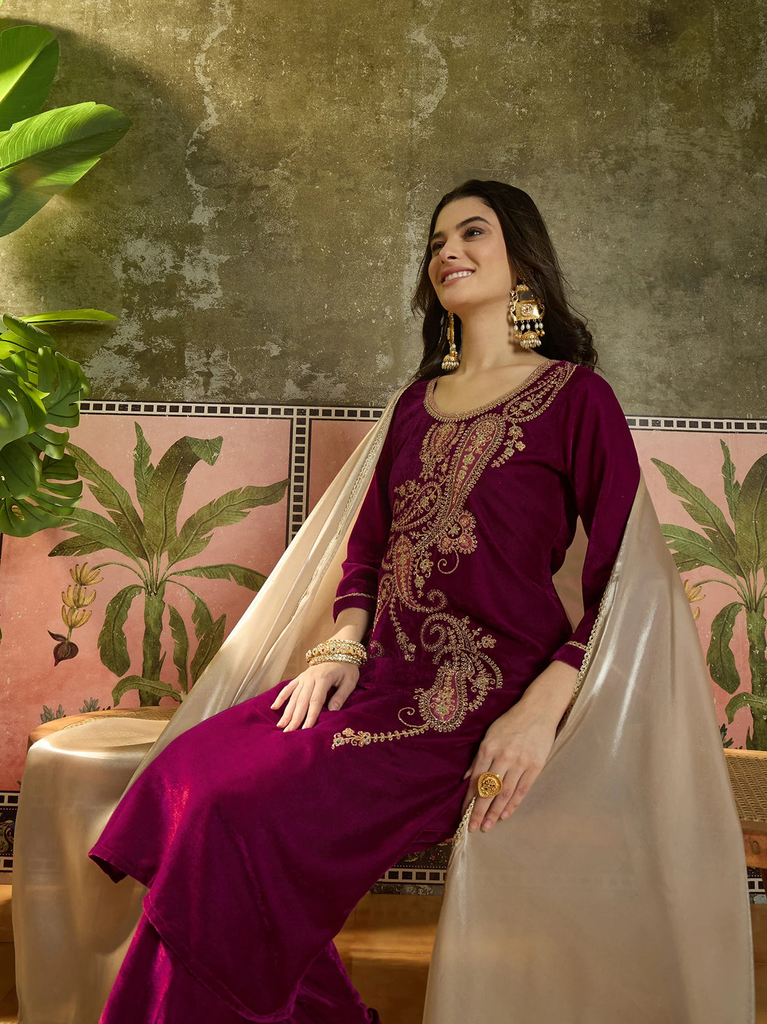 Pink Velvet Embroidered Straight kurta palazzo with Dupatta Set