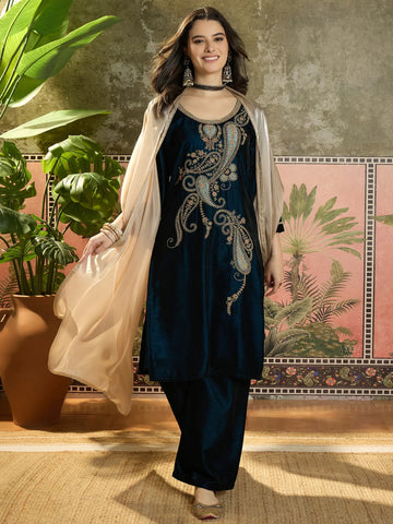 Teal Velvet Embroidered Straight kurta palazzo with Dupatta Set