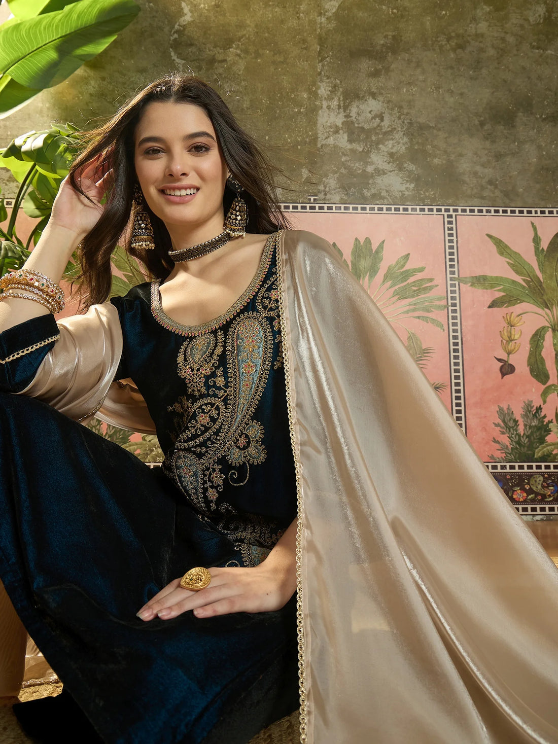 Teal Velvet Embroidered Straight kurta palazzo with Dupatta Set