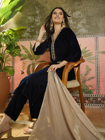 Navy Blue Velvet Embroidered Straight Kurta Pant With Dupatta Set