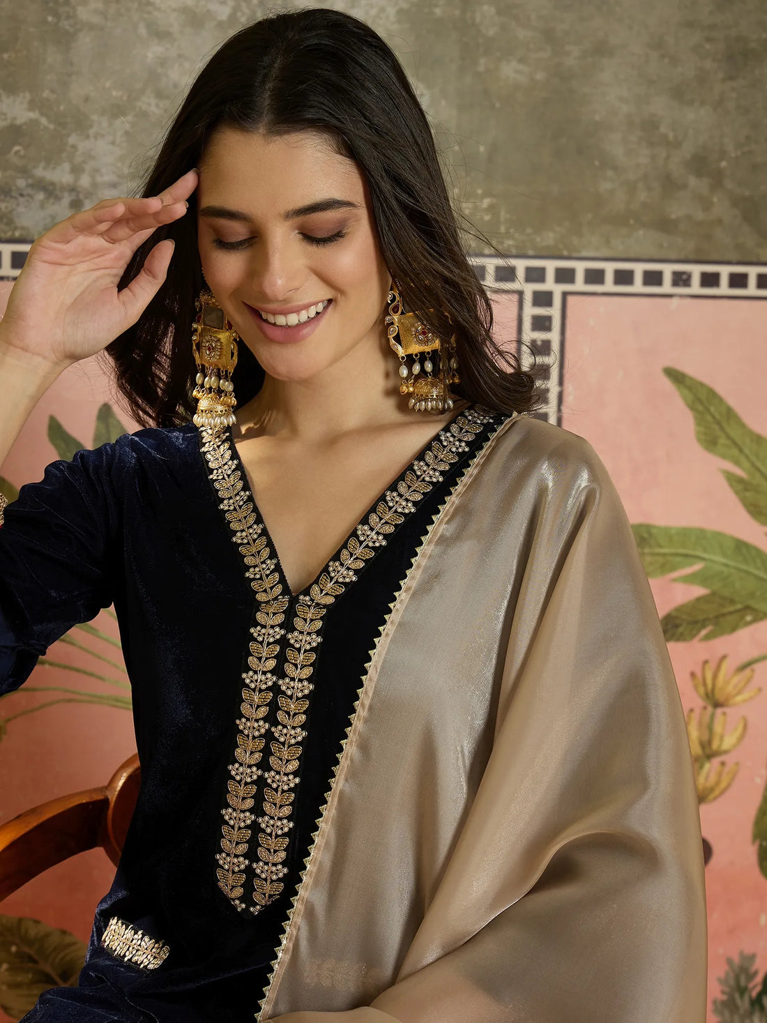 Navy Blue Velvet Embroidered Straight Kurta Pant With Dupatta Set