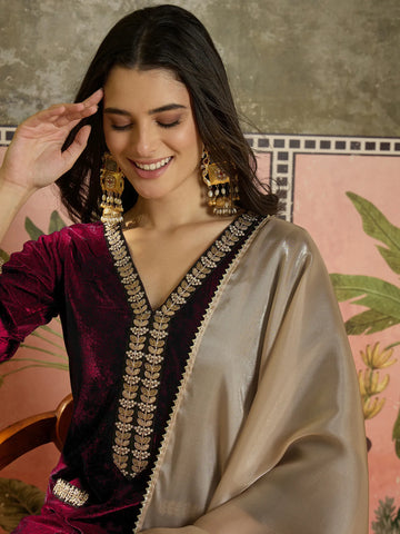 Pink Velvet Embroidered Straight Kurta Pant With Dupatta Set