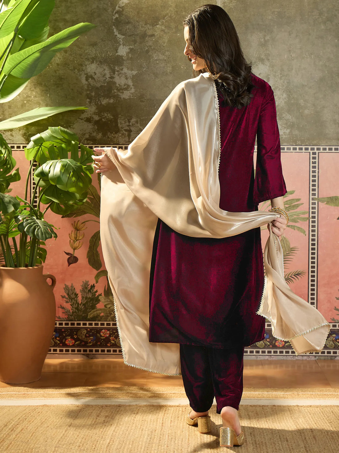 Pink Velvet Embroidered Straight Kurta Pant With Dupatta Set