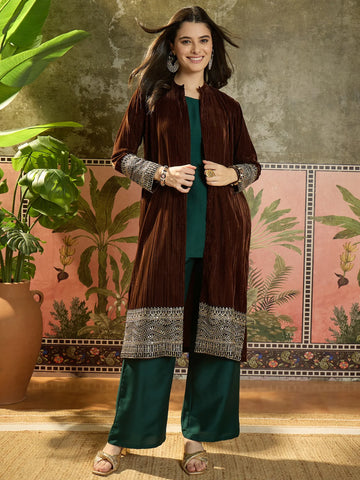 Velvet Straight Top & Palazzo Set with Blue Embroidered Jacket Set