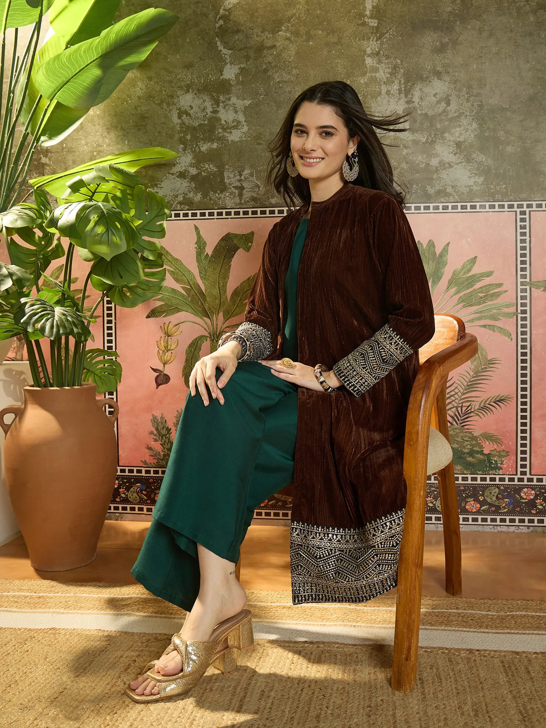 Velvet Straight Top & Palazzo Set with Blue Embroidered Jacket Set