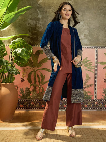 Teal Velvet Straight Top & Palazzo Set with Blue Embroidered Jacket Set