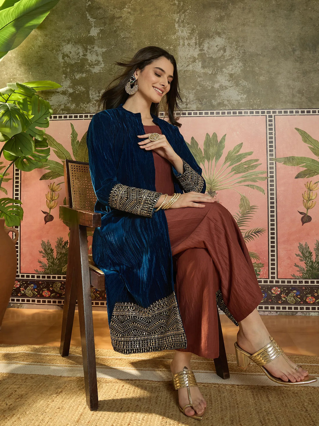 Teal Velvet Straight Top & Palazzo Set with Blue Embroidered Jacket Set