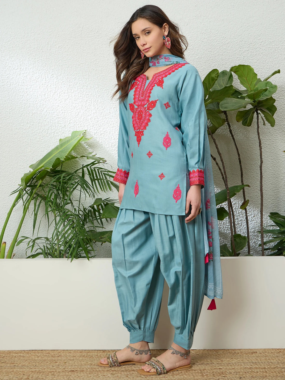 Grey Rayon Slub Embroidered Straight Kurta Salwar with Printed Dupatta
