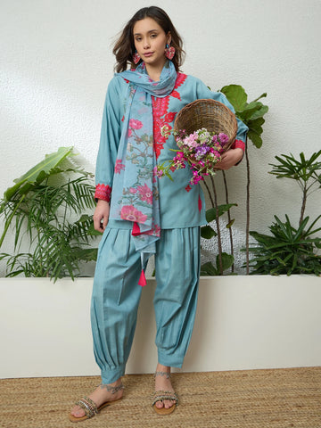 Grey Rayon Slub Embroidered Straight Kurta Salwar with Printed Dupatta