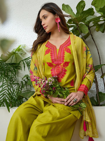 Green Slub Embroidered Straight Kurta Salwar with Printed Dupatta