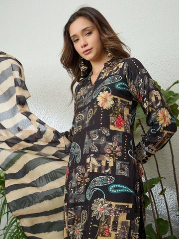 Black Viscose Floral Print Straight Kurta Palazzo With Leheriya Dupatta Set