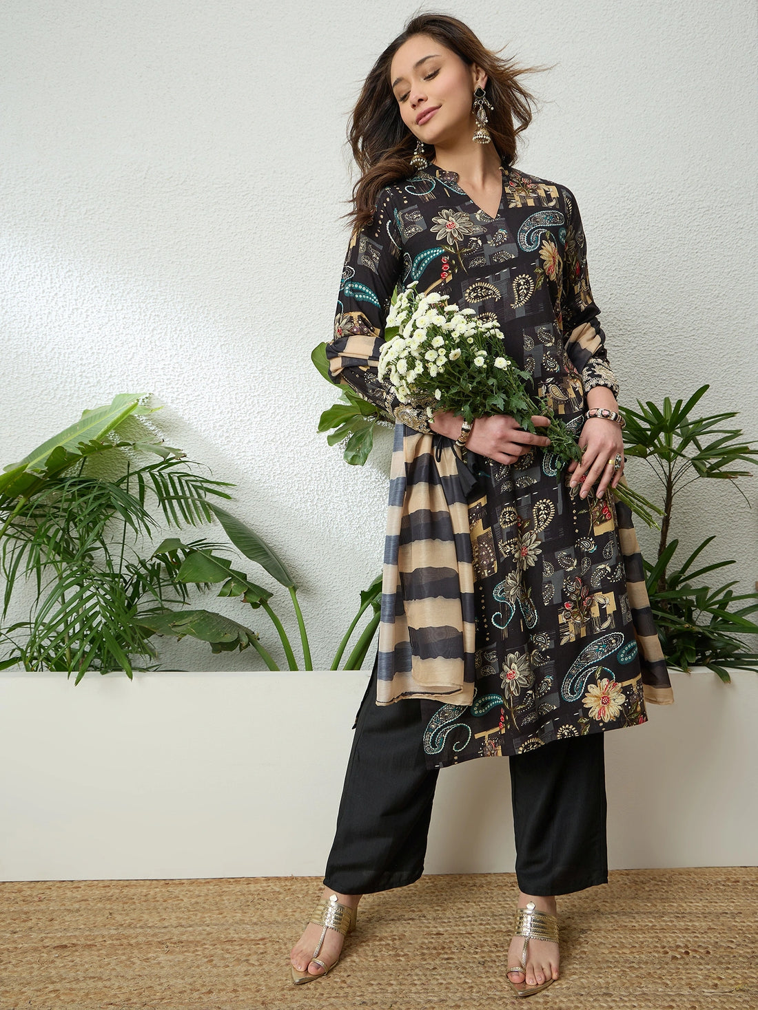Black Viscose Floral Print Straight Kurta Palazzo With Leheriya Dupatta Set