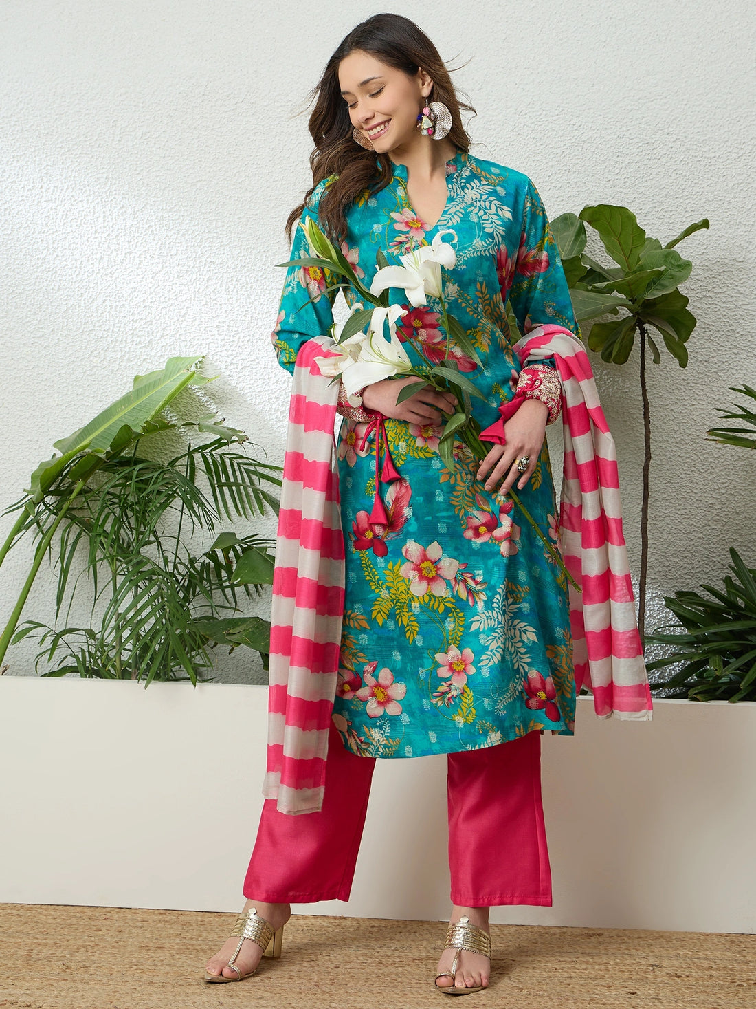Rama Green Viscose Floral Print Straight Kurta Palazzo With Leheriya Dupatta Set