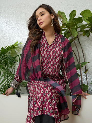 Wine Viscose Ajrak Print Straight Kurta Palazzo With Leheriya Dupatta Set