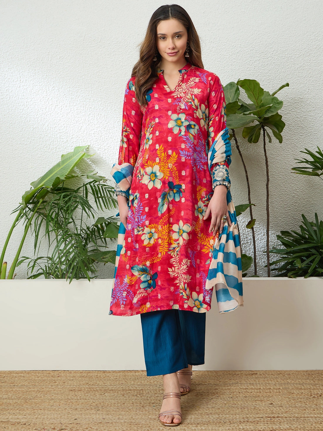 Pink Viscose Floral Print Straight Kurta Palazzo With Leheriya Dupatta Set