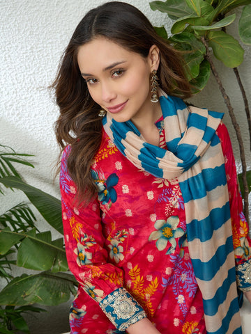 Pink Viscose Floral Print Straight Kurta Palazzo With Leheriya Dupatta Set