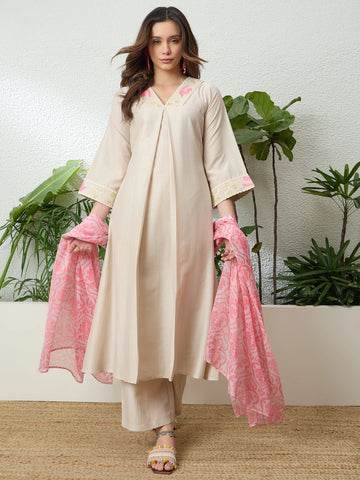 Cotton Silk Beige Embroidered A-line Kurta Palazzo with Dupatta Set (Beige)