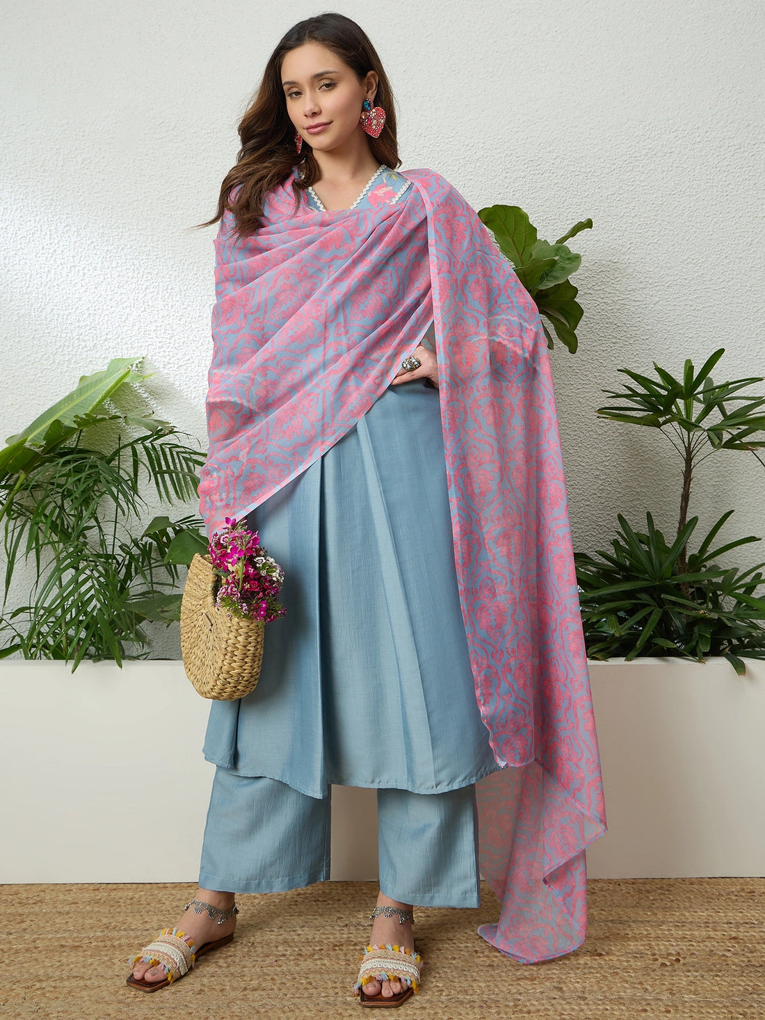Cotton Silk Beige Embroidered A-line Kurta Palazzo with Dupatta Set (Dusty Blue)