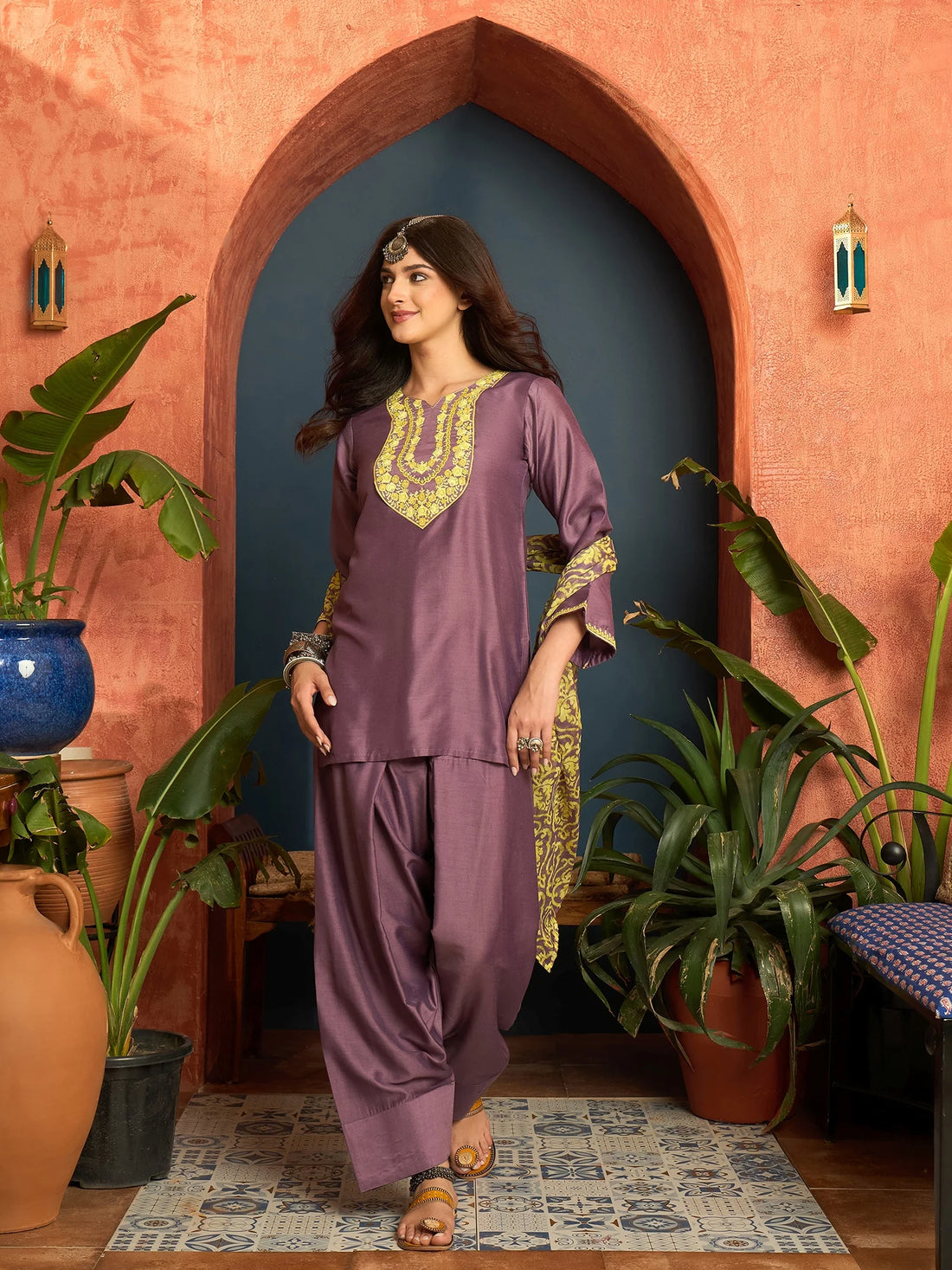 Lavender Cotton Silk Embroidered Kurta Farshi Salwar Set with Dupatta