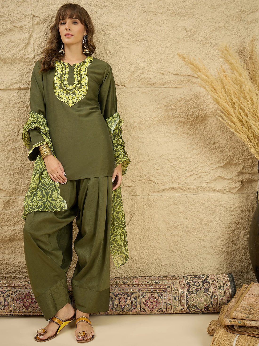 Green Cotton Silk Embroidered Kurta Farshi Salwar Set with Dupatta