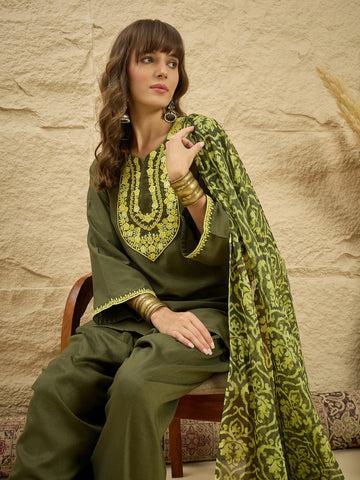 Green Cotton Silk Embroidered Kurta Farshi Salwar Set with Dupatta