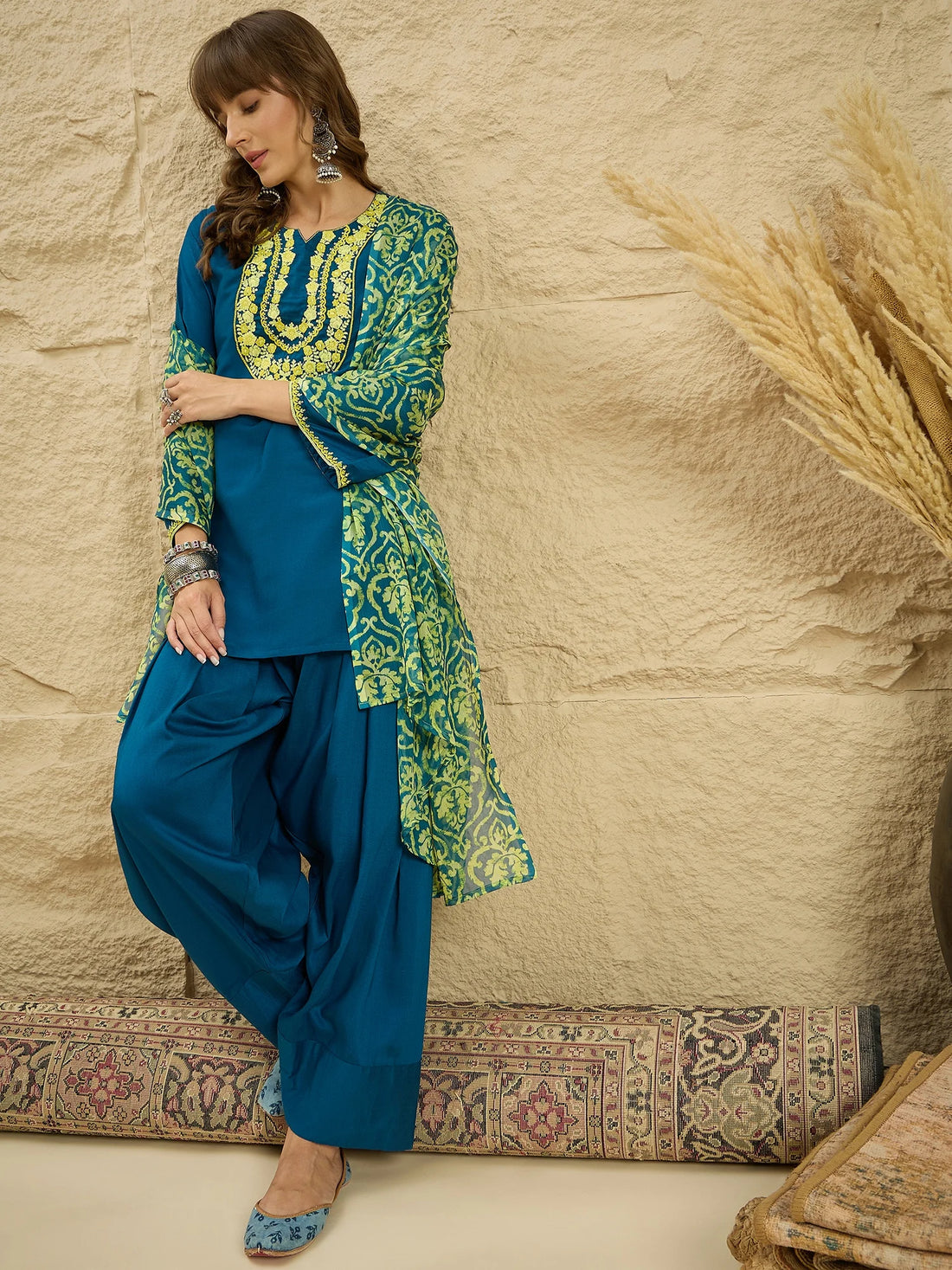 Teal Cotton Silk Embroidered Kurta Farshi Salwar Set with Dupatta