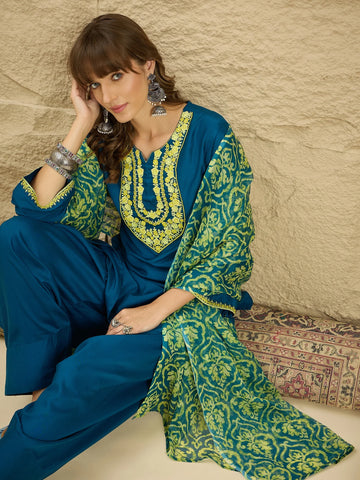 Teal Cotton Silk Embroidered Kurta Farshi Salwar Set with Dupatta
