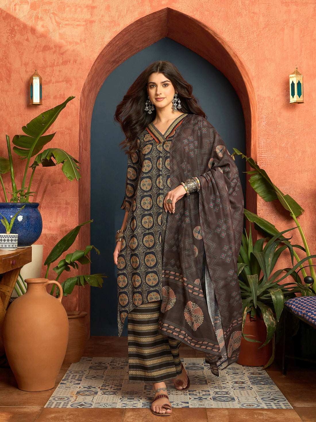 Black Pure Cotton Floral Print Summer Wear Assymetrical Kurta Palazzo with Dupatta Set