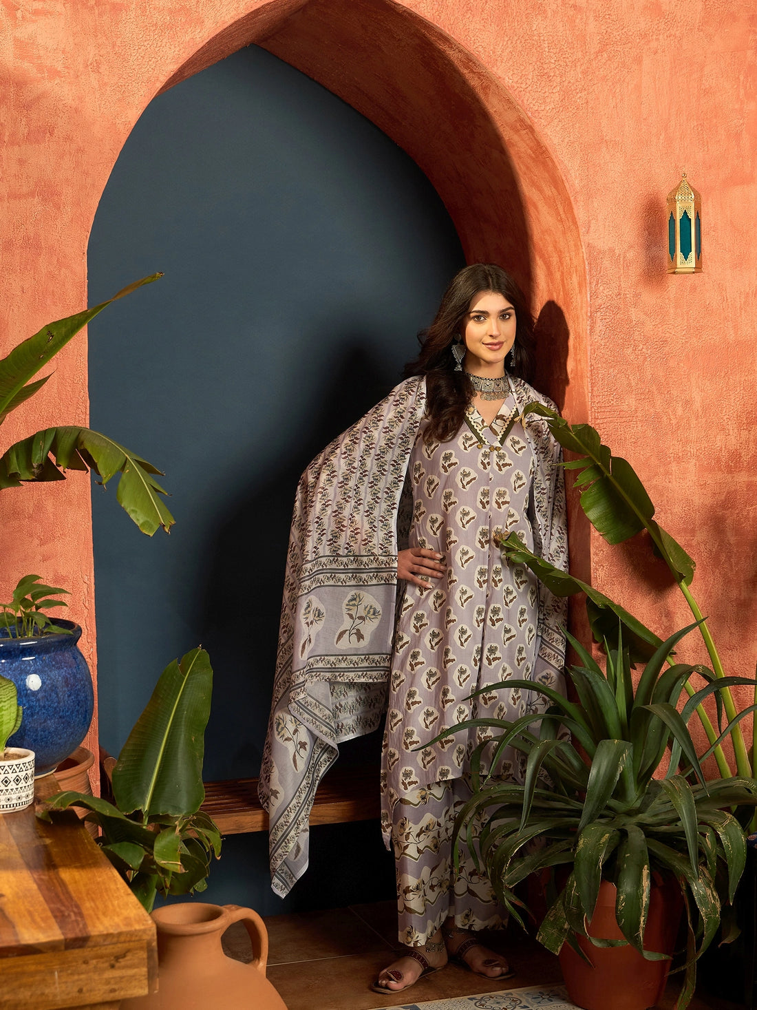Lavender Pure Cotton Floral Print Summer Wear Assymetrical Kurta Palazzo with Dupatta Set