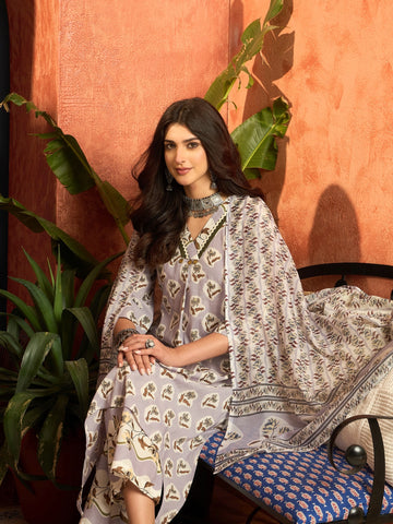 Lavender Pure Cotton Floral Print Summer Wear Assymetrical Kurta Palazzo with Dupatta Set