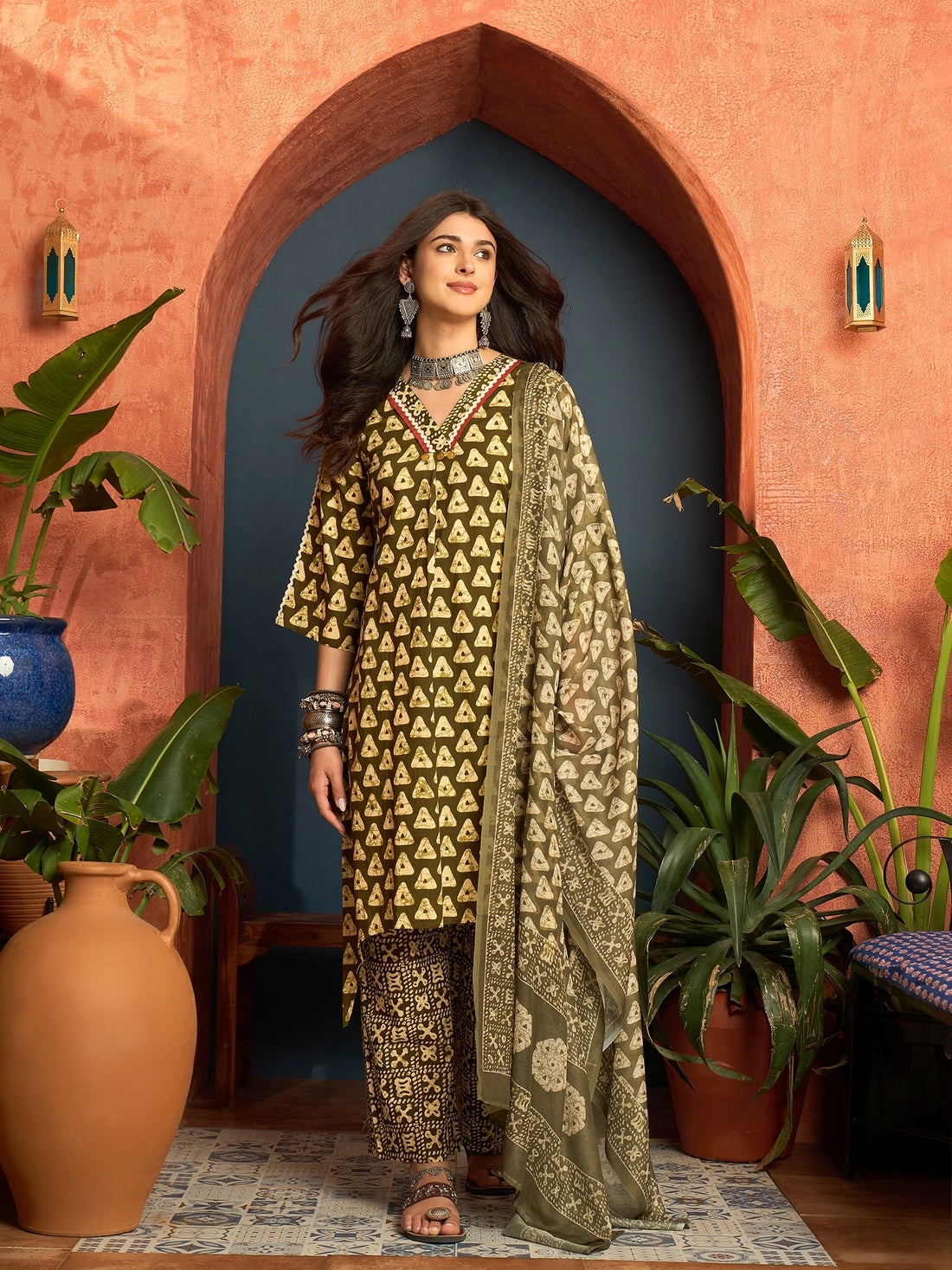Green Pure Cotton Floral Print Summer Wear Assymetrical Kurta Palazzo with Dupatta Set