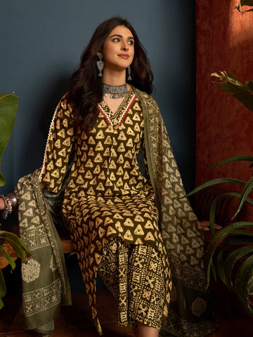 Green Pure Cotton Floral Print Summer Wear Assymetrical Kurta Palazzo with Dupatta Set