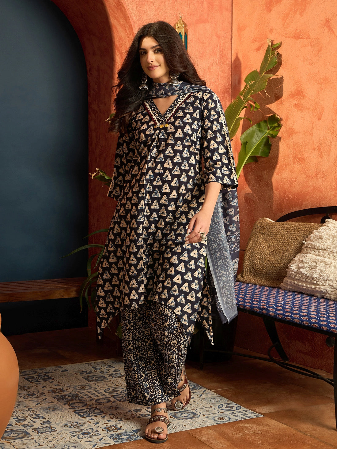 Navy Blue Pure Cotton Floral Print Summer Wear Assymetrical Kurta Palazzo with Dupatta Set