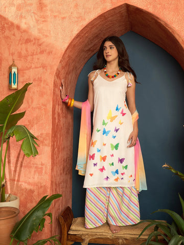 Off White Silk Blend Straight Digital Print Shoulder Knot Kurta Palazzo With Dupatta Set