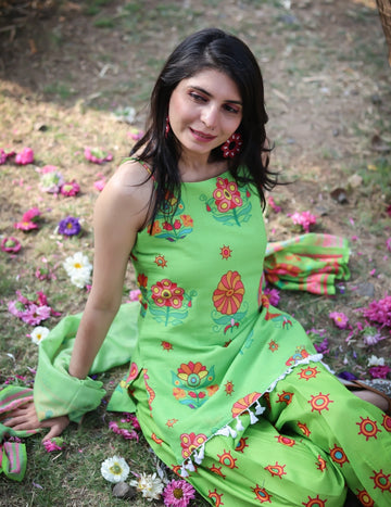 Linen Floral Print Summer Wear Sleeveless Straight Short Kurti Salwar With Dupatta set (paroot Green)
