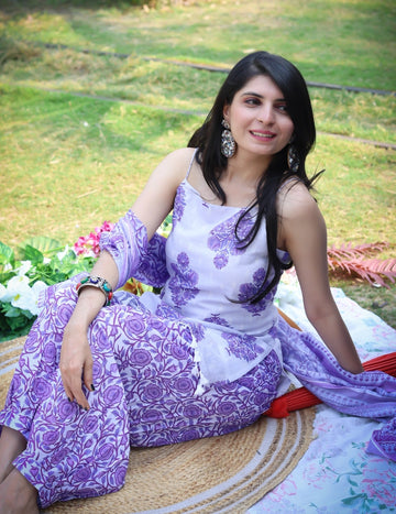 Linen Floral Print Summer Wear Sleeveless Straight Short Kurti Salwar With Dupatta set (Purple)