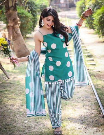 Linen Floral Print Summer Wear Sleeveless Straight Short Kurti Salwar With Dupatta set (Rama)