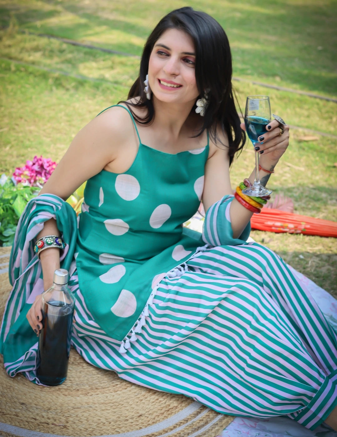 Linen Floral Print Summer Wear Sleeveless Straight Short Kurti Salwar With Dupatta set (Rama)