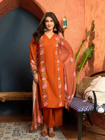 Cotton Blend V-neck Embroidered Kurta Palaazo Set (Orange)