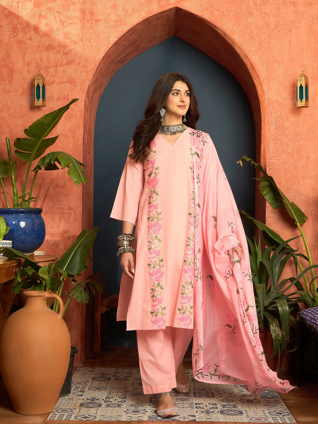 Cotton Blend V-neck Embroidered Kurta Palaazo Set (Peach)