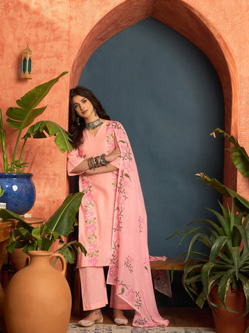 Cotton Blend V-neck Embroidered Kurta Palaazo Set (Peach)