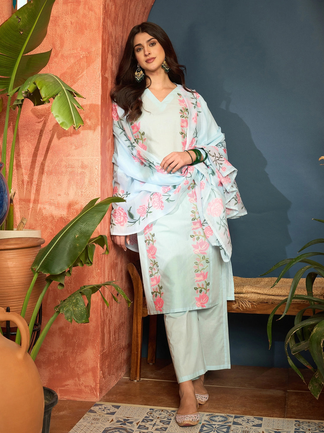 Cotton Blend V-neck Embroidered Kurta Palaazo Set (Sky)
