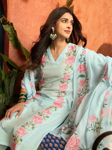 Cotton Blend V-neck Embroidered Kurta Palaazo Set (Sky)