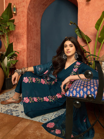 Cotton Blend V-neck Embroidered Kurta Palaazo Set (Teal)